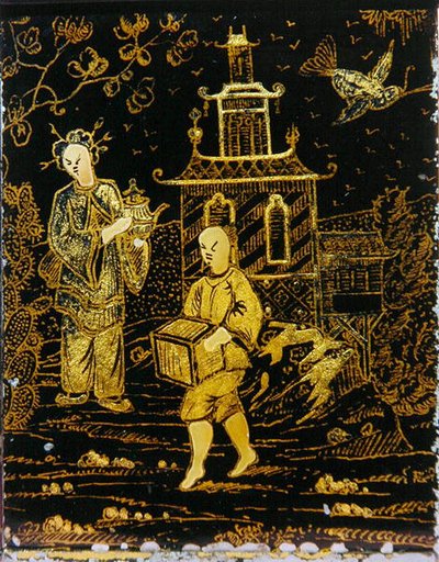 Caja de té al estilo chino que representa a un porteador y una dama con una tetera de European School