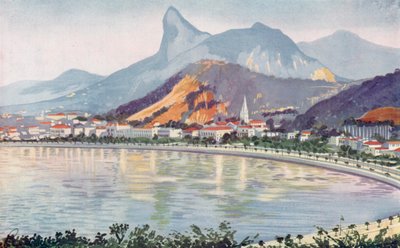 La parte de Botafogo de la Avenida de la Bahía de Río, dominada por el monte Corcovado (litografía en color) de European School