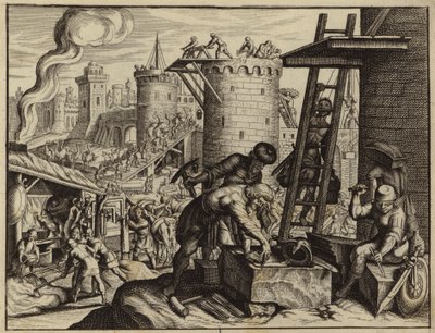 Los judíos reconstruyendo los muros de Jerusalén (grabado) de European School