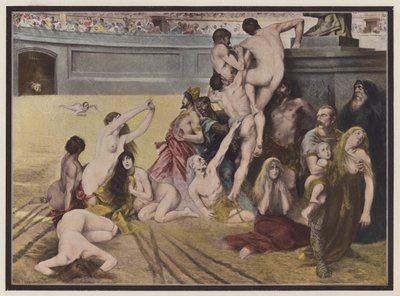 El circo, personas arrojadas a los leones en una arena romana (litografía en color) de European School