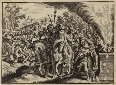 El fuego de Dios quemando el sacrificio de Elías en lugar del de Baal (grabado) de European School