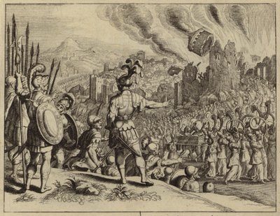 Las trompetas de Josué derribando los muros de Jericó (grabado) de European School