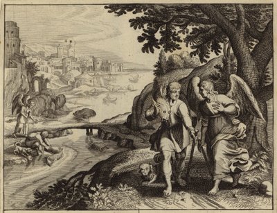 Tobías quitando las entrañas de un pez por orden del Ángel (grabado) de European School