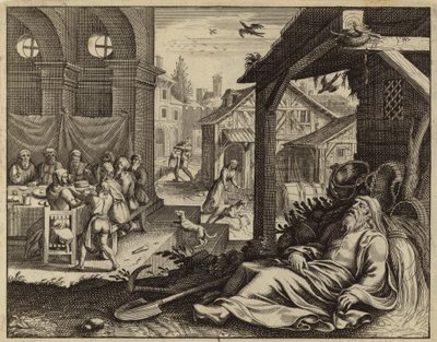 Tobit cegada por los excrementos de los gorriones (grabado) de European School