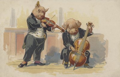 Dos cerdos tocando instrumentos musicales (litografía en color) de European School