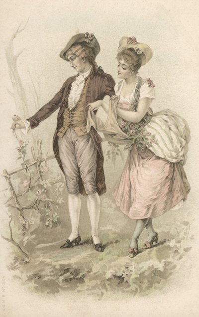 Pareja de caminantes (litografía en color) de European School
