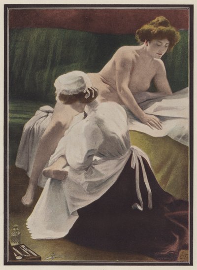 Mujer siendo secada por su criada (litografia en color) de European School