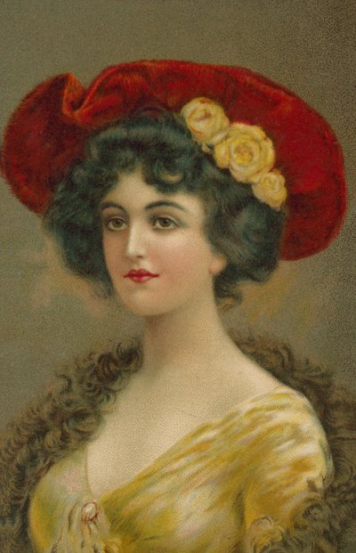 Mujer con sombrero eduardiano (litografía en color) de European School