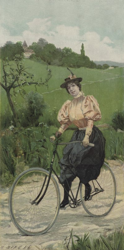 Mujer montando una bicicleta en un camino rural (litografía en color) de European School