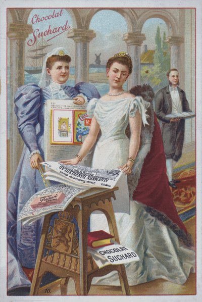 Mujer con un periódico, anuncio de chocolate Suchard de European School