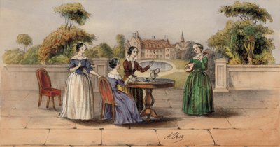 Mujeres bebiendo té o café en el jardín de una casa de campo de European School