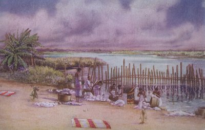 Mujeres lavando la ropa en el río, norte de África (litografía en color) de European School