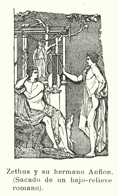 Zeto y Anfión, hijos gemelos de Zeus, bajorrelieve romano (litografía) de European School