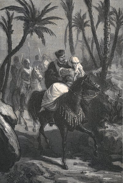 Cervantes monta a caballo con una mujer en un oasis de Eusebio Planas