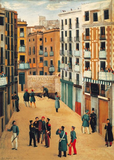 Miembros de las tropas sublevadas contra el gobierno de Espartero hablando con los miembros del Batallo de la Brusa en la calle de la Bajada de la Llibreteria en Barcelona de Eusebio Valldeperas y Merich