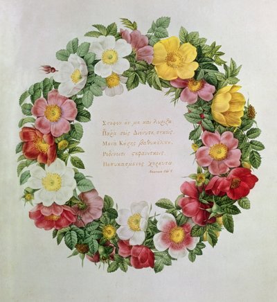 Claude-Antoine Thory Les roses, Frontispicio: Guirnalda con una Epígrafe de la Oda V del poeta griego Anacreonte, 1817 de Eustache Hyacinthe Langlois