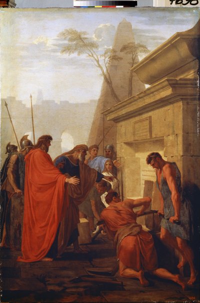 ""Darius abre la tumba de Nitocris"" (Darius Hystaspes Opens the Tomb of Nitocry) El rey de Persia Darius I the Great (siglo V a. C.) abre la tumba de la reina de Babilonia Nitocris, que había hecho una tumba en su tumba que su sucesor de Eustache Le Sueur