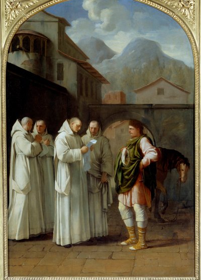 San Bruno (1030-1101), fundador de la orden Cartuja recibe un mensaje del Papa Urbano II de Eustache Le Sueur