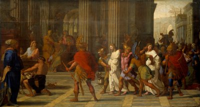 San Gervasio y San Protasio llevados ante Astasio, se niegan a sacrificar a Júpiter de Eustache Le Sueur
