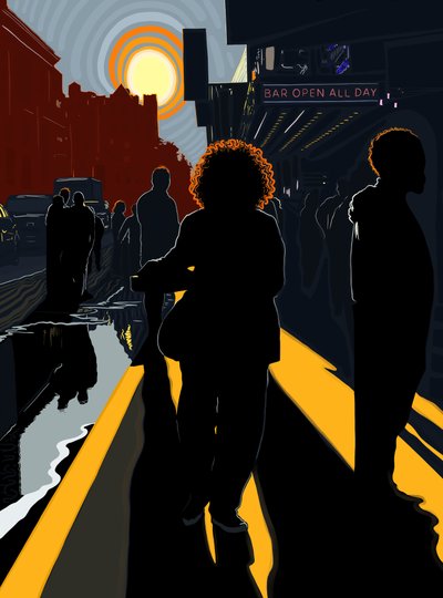 Figuras a contraluz y sol en la acera de Manhattan (arte digital) de Evan Sklar