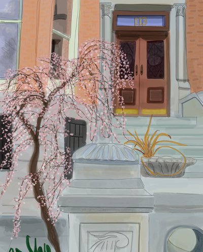 Cerezo en flor, Brooklyn, 2017 (dibujado a mano en un iPad con un lápiz Apple). de Evan Sklar