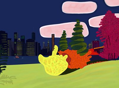 Parque del Puente de Brooklyn y vista del Bajo Manhattan (arte digital) de Evan Sklar