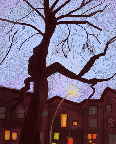 Brooklyn Brownstone Street At Dusk, 2016 (dibujado a mano en un iPad con un lápiz de Apple). de Evan Sklar
