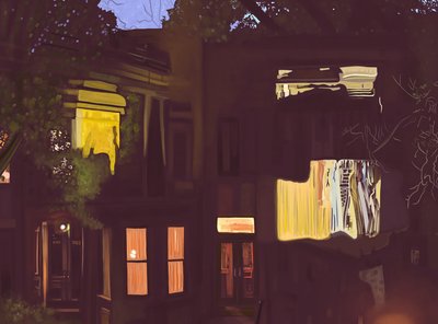 Brownstones de noche , c.2020-24 (arte digital) de Evan Sklar