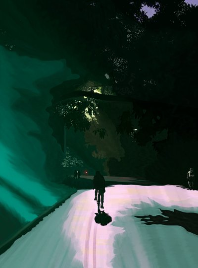 Ciclista en Nght, Prospect Park, Brooklyn, c.2020-24 (arte digital) de Evan Sklar