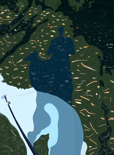 Perro, hojas, hombre (arte digital) de Evan Sklar