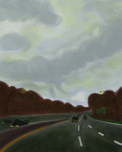 Conduciendo por la autopista de Long Island, 2017 (dibujado a mano en un iPad con un lápiz de Apple). de Evan Sklar