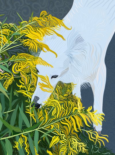 Perro blanco y vara de oro (arte digital) de Evan Sklar
