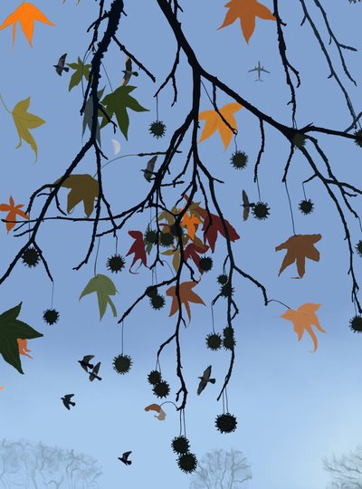 Árbol de chicle, pájaros y luna, Brooklyn (arte digital) de Evan Sklar