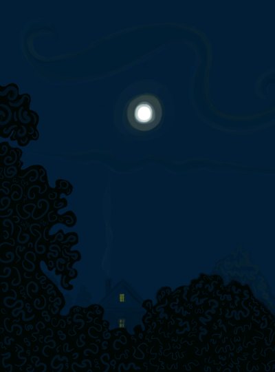 Casa con frontón y luna de noche Sombras de árboles (arte digital) de Evan Sklar