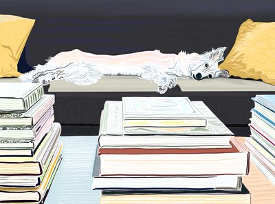 Minnie en el sofá con libros, c.2020-24 (arte digital) de Evan Sklar