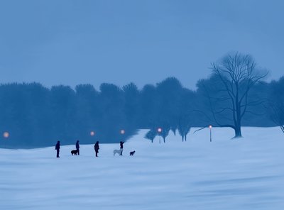 Personas y perros en la nieve en Prospect Park (arte digital) de Evan Sklar