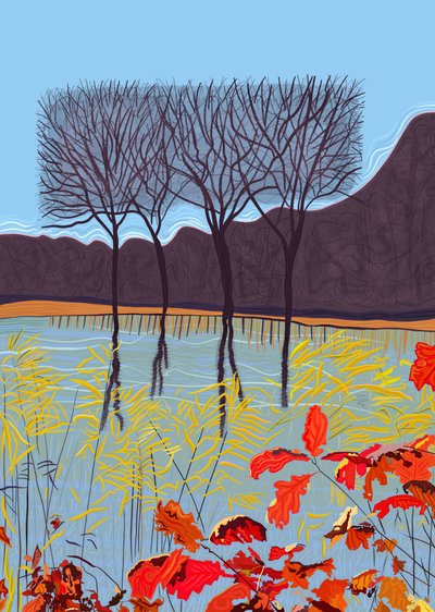 Estanque y árboles en otoño (arte digital) de Evan Sklar