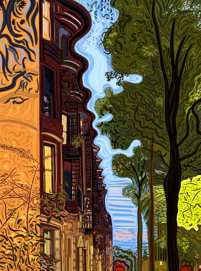 Tejado y línea de árboles al atardecer. (arte digital) de Evan Sklar