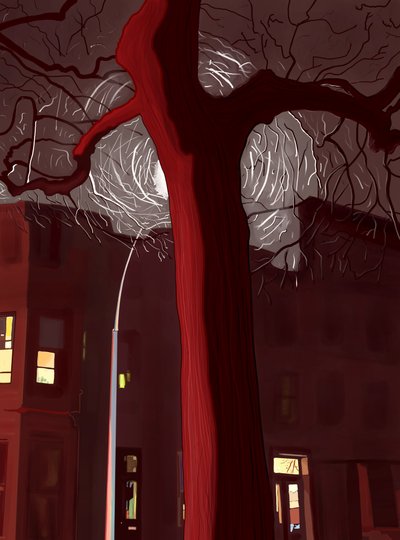 Calle y árbol de noche iluminados por sirenas y farola (arte digital) de Evan Sklar