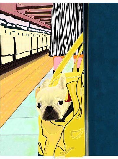 Cercanías con perro en la bolsa, Brooklyn (arte digital) de Evan Sklar