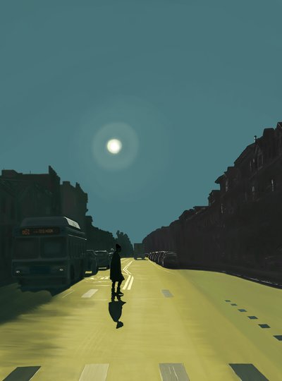 Sol y mujer caminando por la calle Novena (arte digital) de Evan Sklar