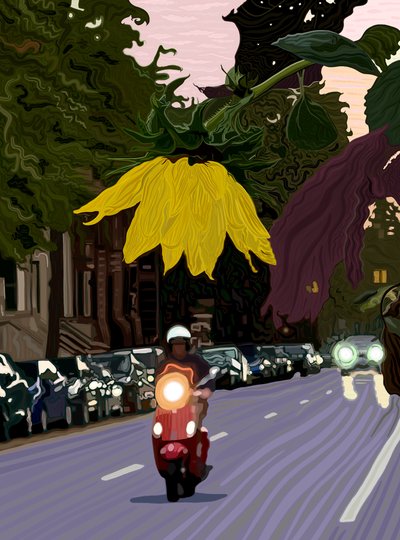 Girasol y hombre conduciendo una moto roja (arte digital) de Evan Sklar