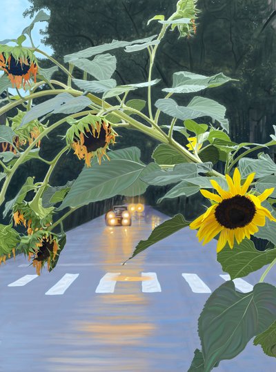 Girasoles y coches en una calle arbolada al amanecer. (arte digital) de Evan Sklar