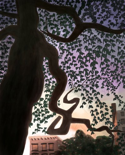 Árbol y avenida al atardecer, 2016 (dibujado a mano en un iPad con un lápiz Apple) de Evan Sklar