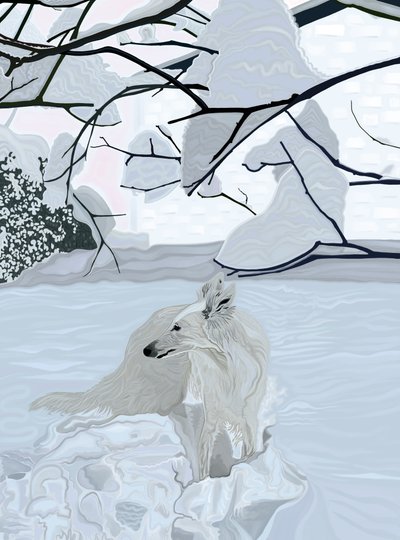 Perro blanco en la nieve (arte digital) de Evan Sklar