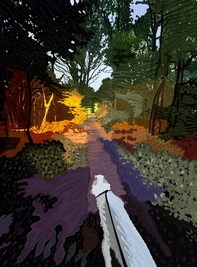 Perro blanco paseando por el bosque (arte digital) de Evan Sklar