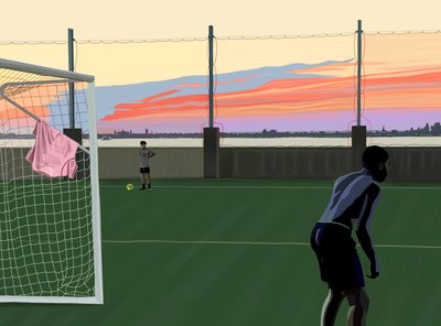 Fútbol juvenil en el Brooklyn Bridge Park (arte digital) de Evan Sklar