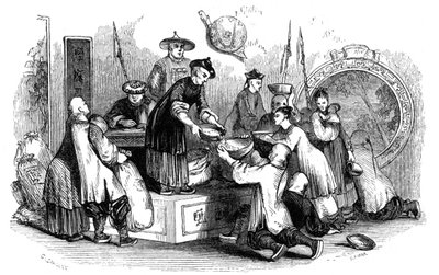 Distribución de maíz a la gente durante una temporada de escasez, 1847 de Evans