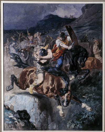 Lucha de jinetes francos (acuarela) de Evariste Vital Luminais