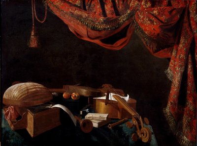 Naturaleza muerta con instrumentos musicales y libros de Evaristo Baschenis